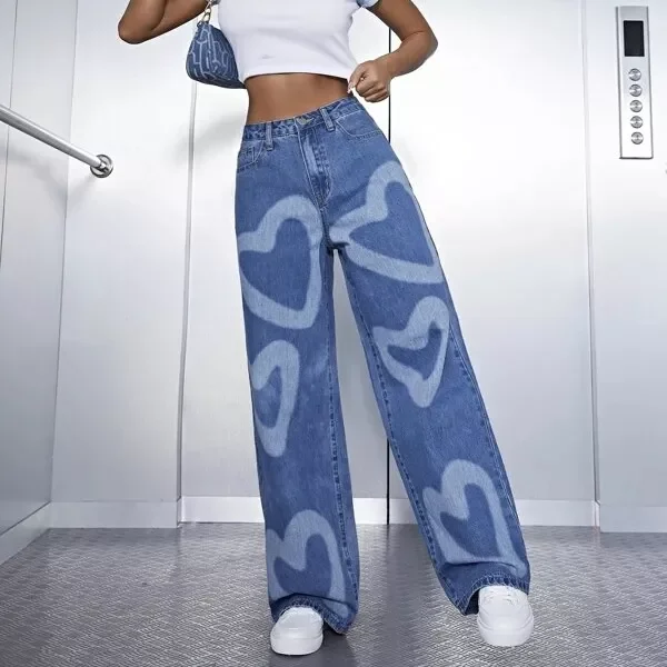High Waist Heart Print Washed Wide Leg Jeans Vintage Jeans High Quality Loose Straight Jeans