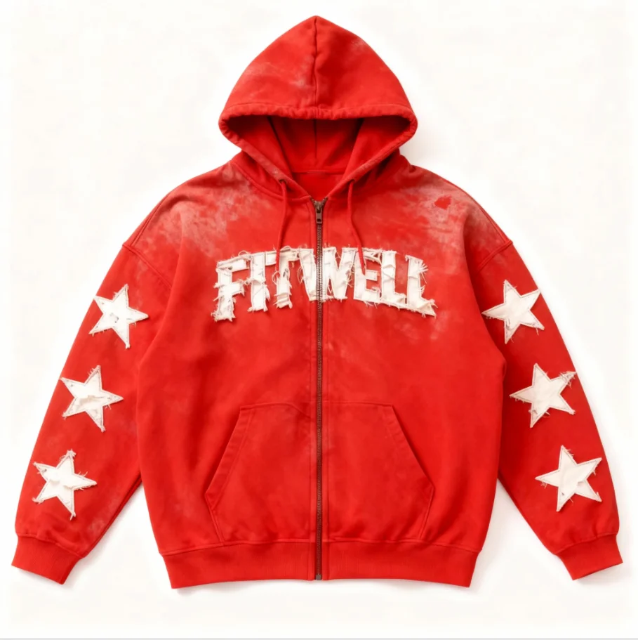 SALATI OEM& OEMStreetwear Mens Oversized Boxy Zip up Custom Logo Applique Embroidery Distressed Hoodie Manufacturer