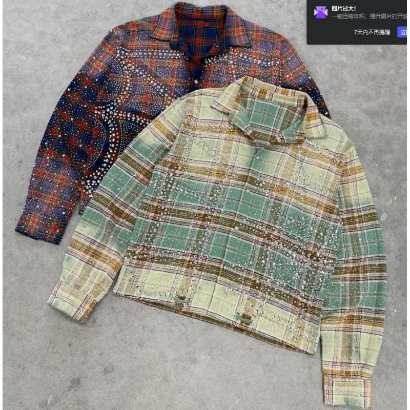 Vintage Plaid Button-Down Shirt Adorned with Sparkling Rhinestones & Eye-Catching Crystal Embellishments factory