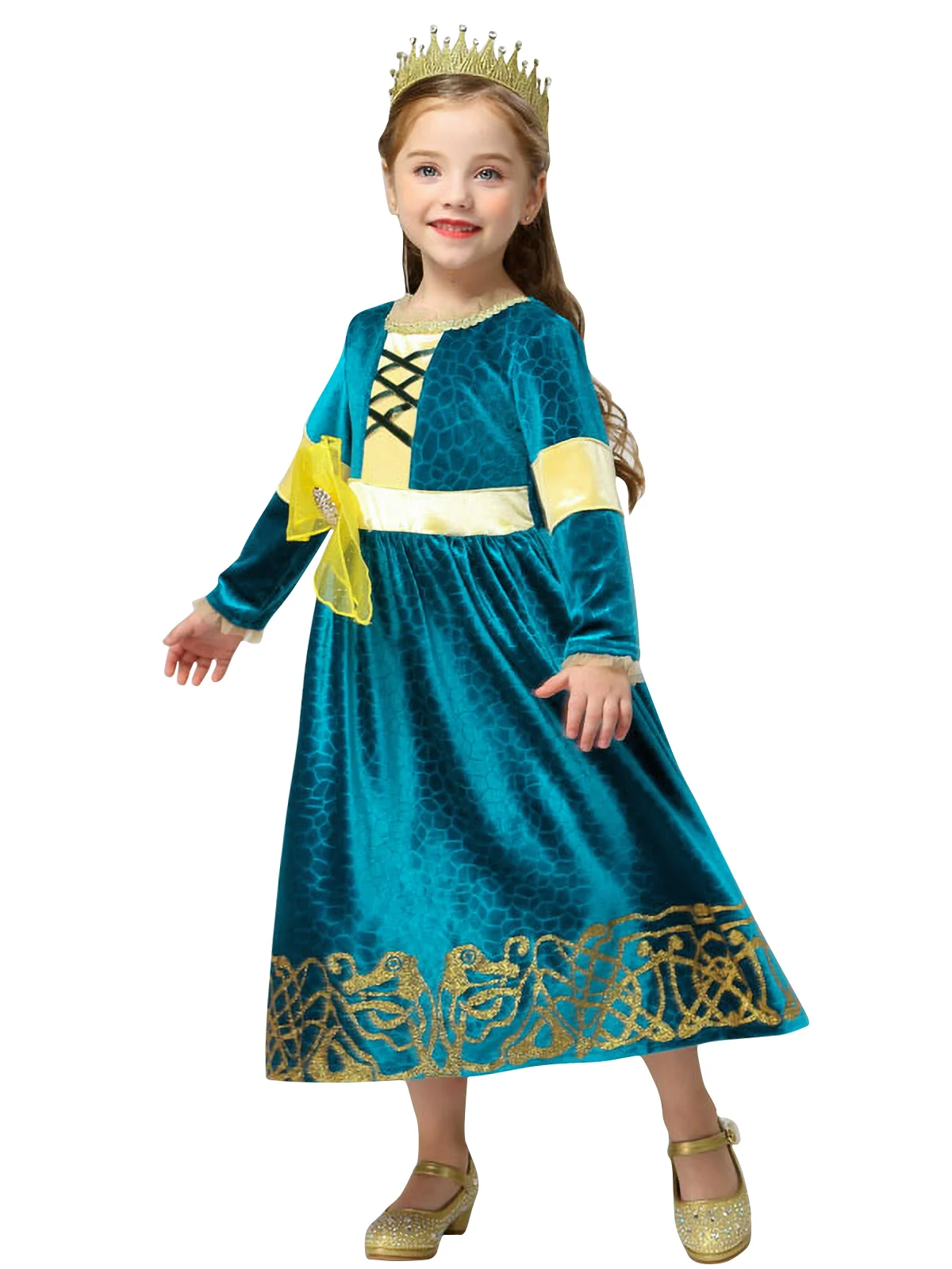 Hot Selling Wholesale Halloween Braver Bravery Merida Cosplay Dress up Costume Girls Dress Princess Dresses With Crown and Wand