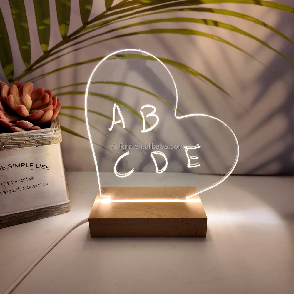 Base de lampe LED en acrylique à faire soi-même, forme de cœur, tableau d' affichage, USB en bois, lumière de nuit rectangulaire, base en bois LED pour écriture en acrylique