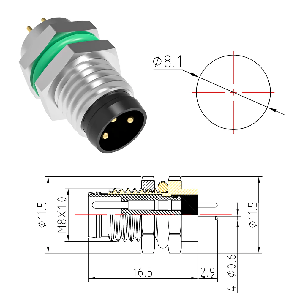 M8 Circular Panel Mount Receptacle Front Fastened PCB Type 3 Pin IP67/IP68 Waterproof Male Socket Brass Gold Plated Contacts