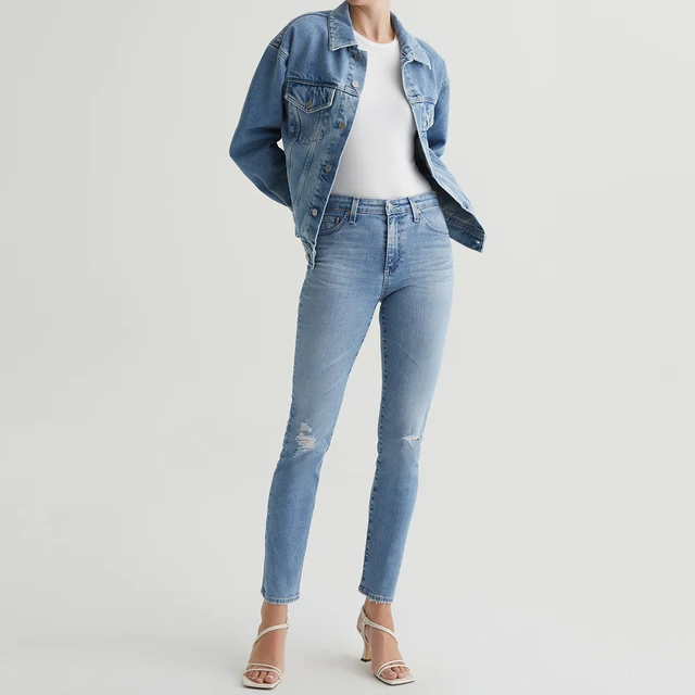 Women's High Rise Straight Leg Jeans Ripped Knee Distressed Denim OEM Custom Wholesale