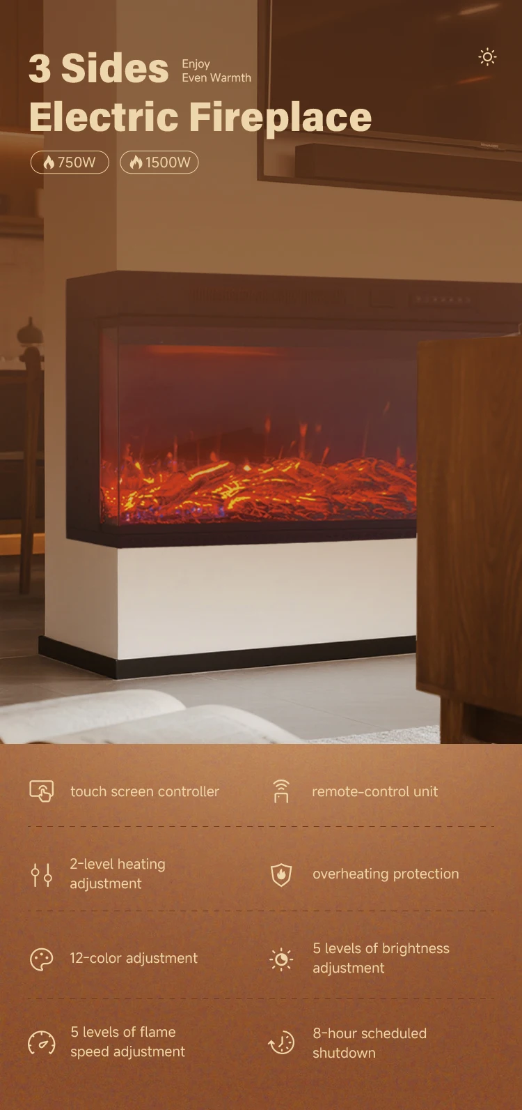 Electric Fireplace, 36", 700W, Metal - detail 4