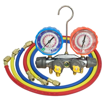 4 Valve Manifold Kit Refrigerant Tools Pressure Gauges with 3PCS 36Inch Fluoridation Hose R407C R404A For Car Air Conditioner