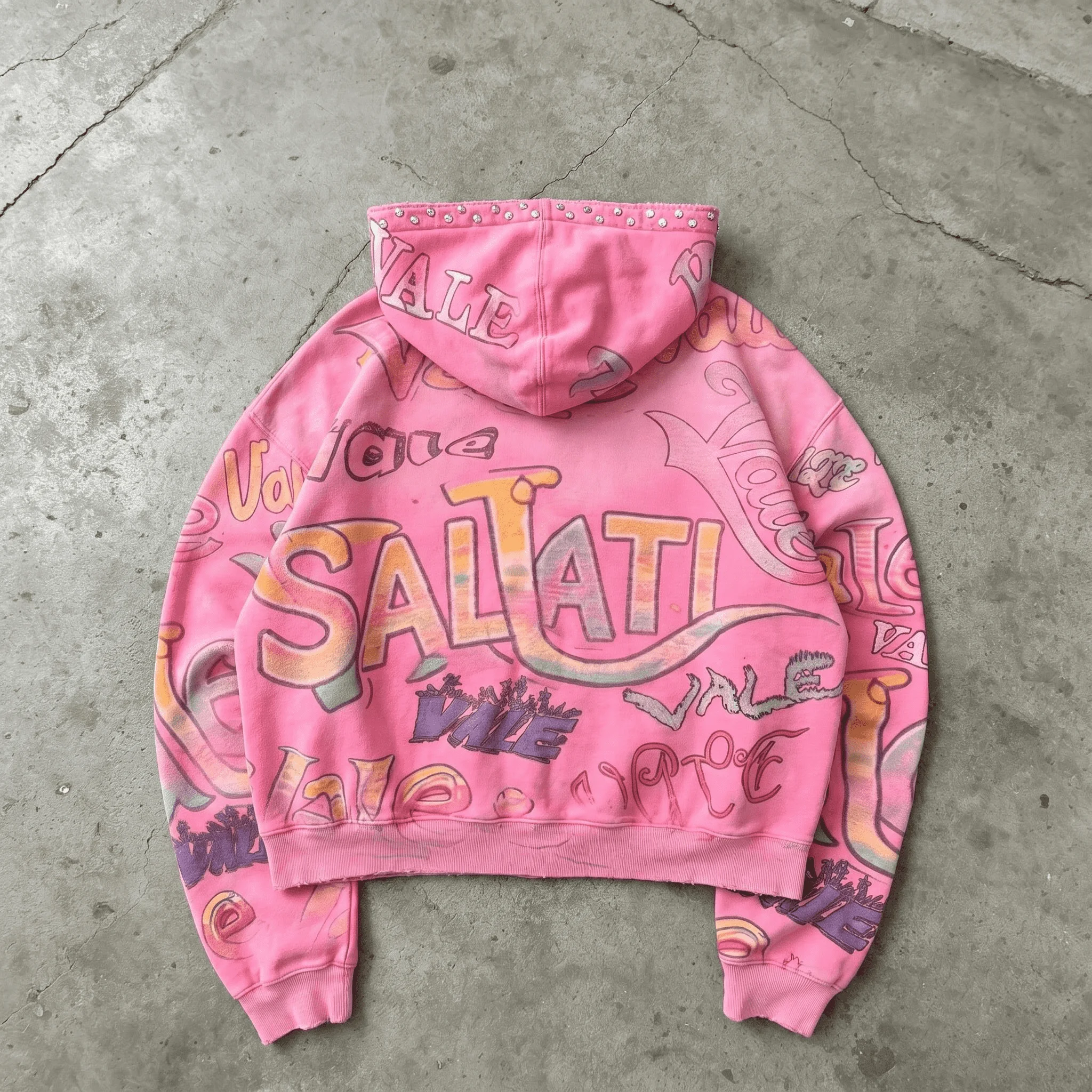 Wholesale Custom Logo Mens Pink Cropped Y2K Streetwear Zip Hoodie Graffiti Rhinestone Studded Hoodie gallery 4