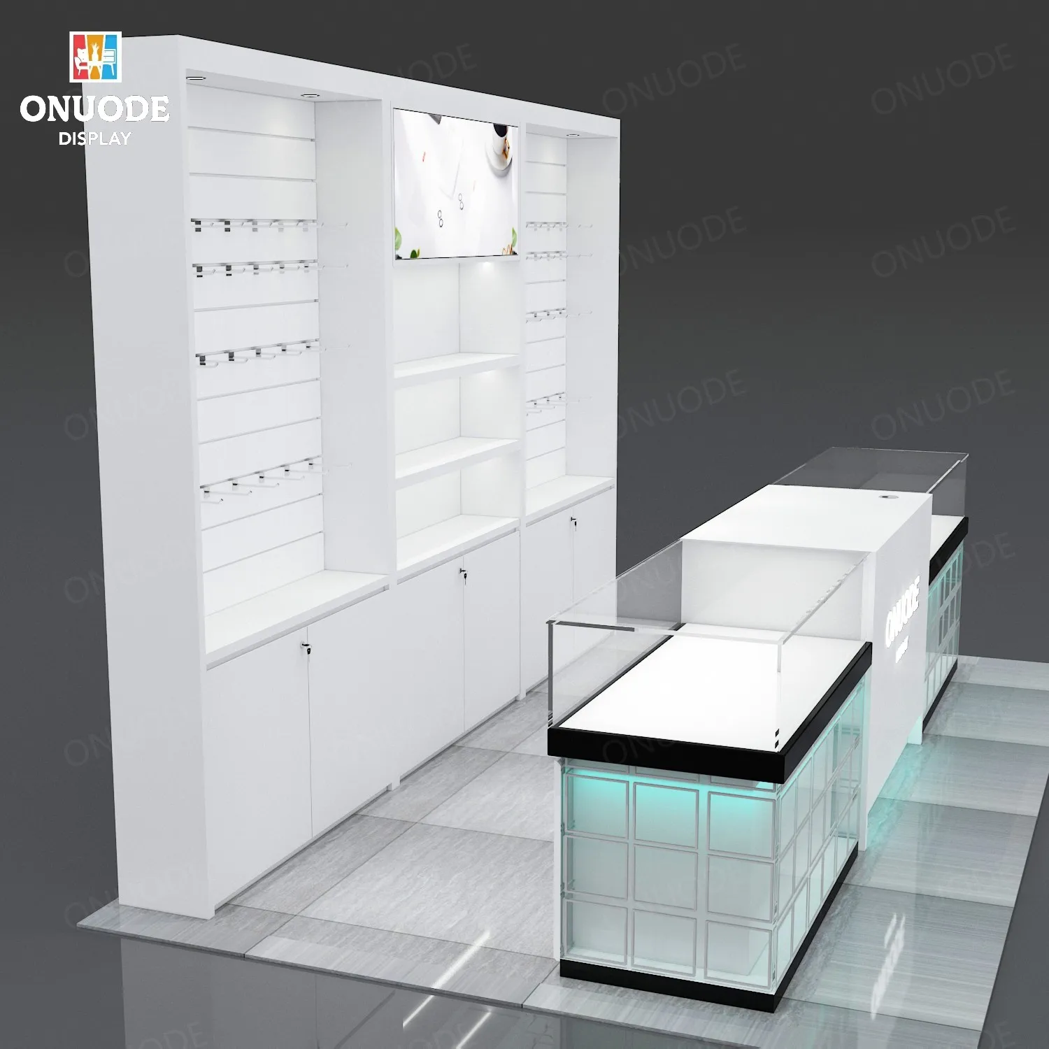 Customized New Design LED Lighting Wall-Mounted Glass Display Cabinet Retail Optical Shop Counter Cell Phone Showcase for