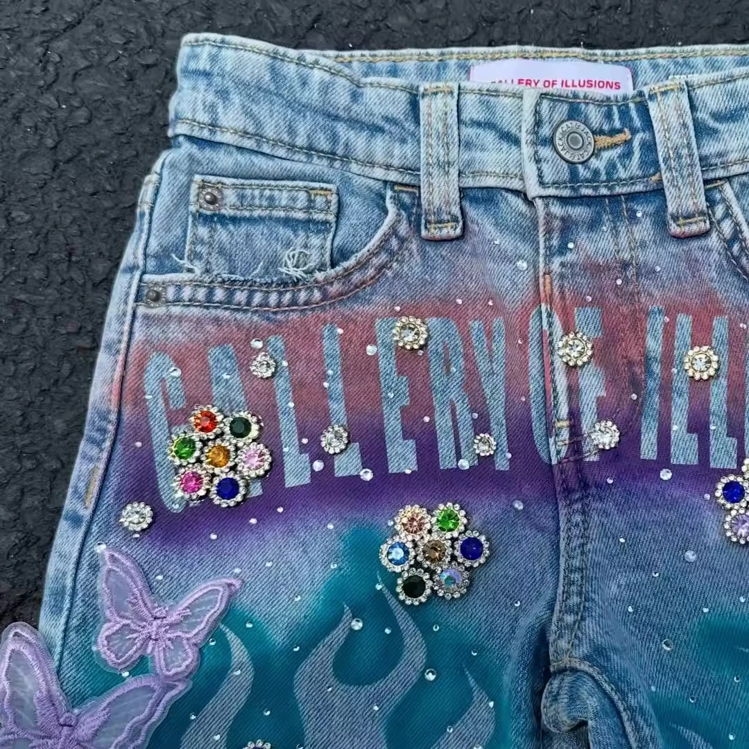 Customizable Oversize Men's Vintage Denim Shorts Breathable Straight Style with Embroidered Rhinestone Decoration Short Men gallery 2