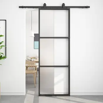 6-Lite Modern Black Metal Barn Doors 38 In. X 84 In. Top Mounted Sliding Hardware Kit Easy Screw Installation Steel Handle