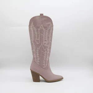 BUSY GIRL HQ1160 Women's Light Purple Western Cowboy Boots with White Embroidery Pointed Toe Block Heel Boot for Women Wholesale