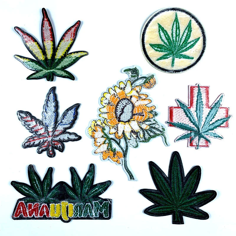 Garment Accessories Patches in Stock Embroidered Iron on Weed Hemp Plant Maple Leaf Patches for Clothing