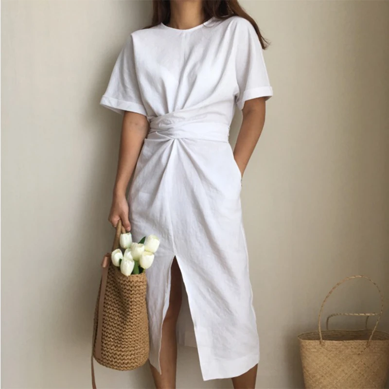 Fashion Vintage Summer Ladies Women White Linen Casual Dresses Muslim  Dresses for Women