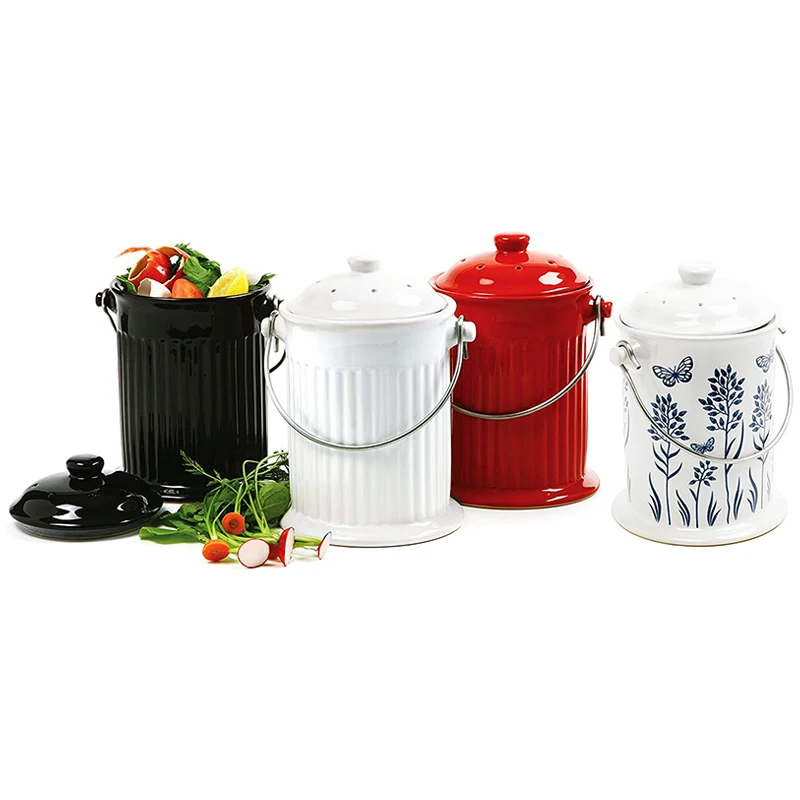 Factory Direct Custom White with Flower Kitchen Ceramic Compost Crock Compost Bin