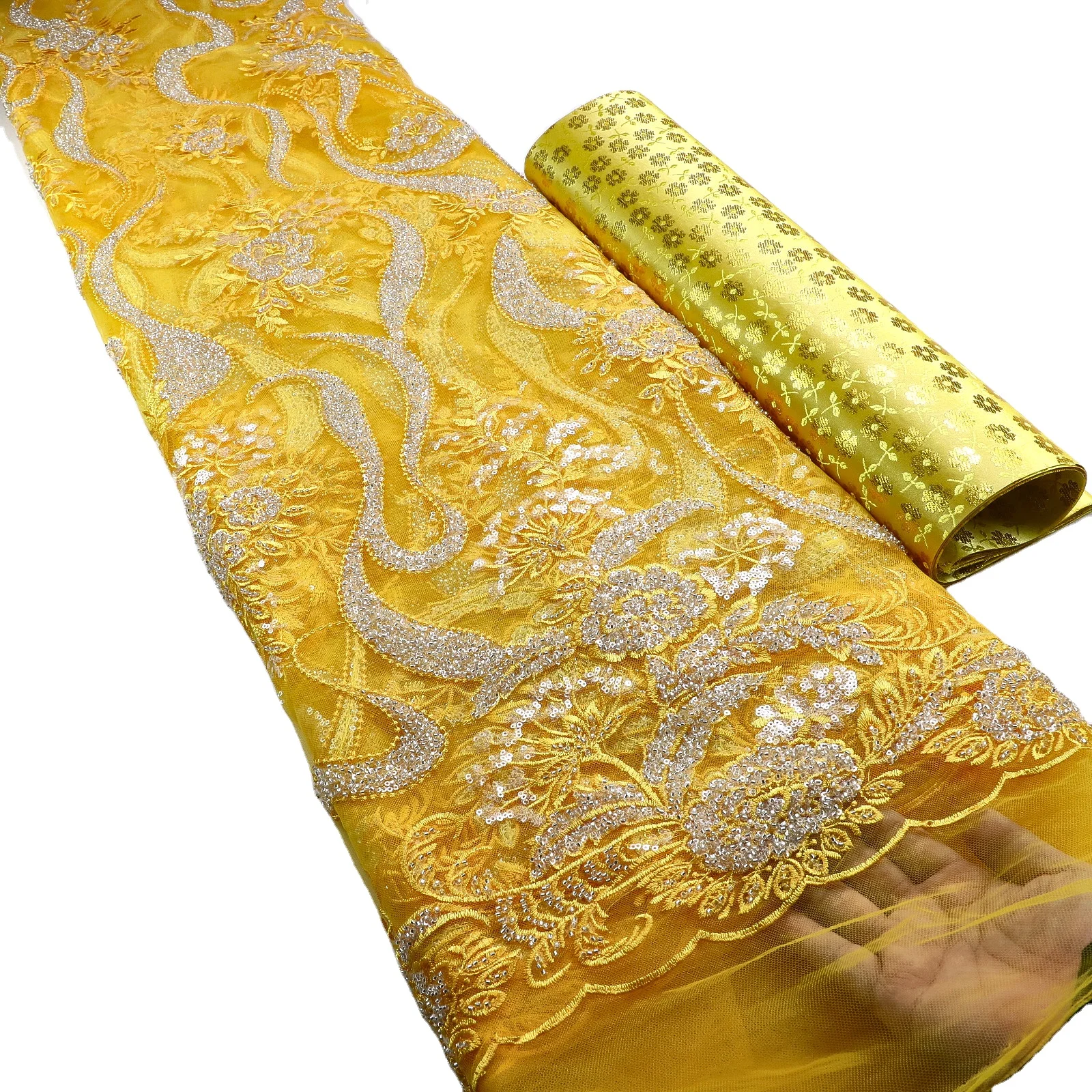 Supoo  Yellow Bridal Beads Lace Net Fabrics With Shiny Sequins for European Style Dress