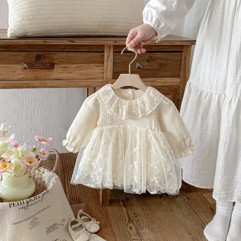 Girls' 2026 Spring Floral Lace Doll Collar Long Sleeve Baby Romper Cute Baby Full Moon Crawling Princess Jumpsuit Skirts