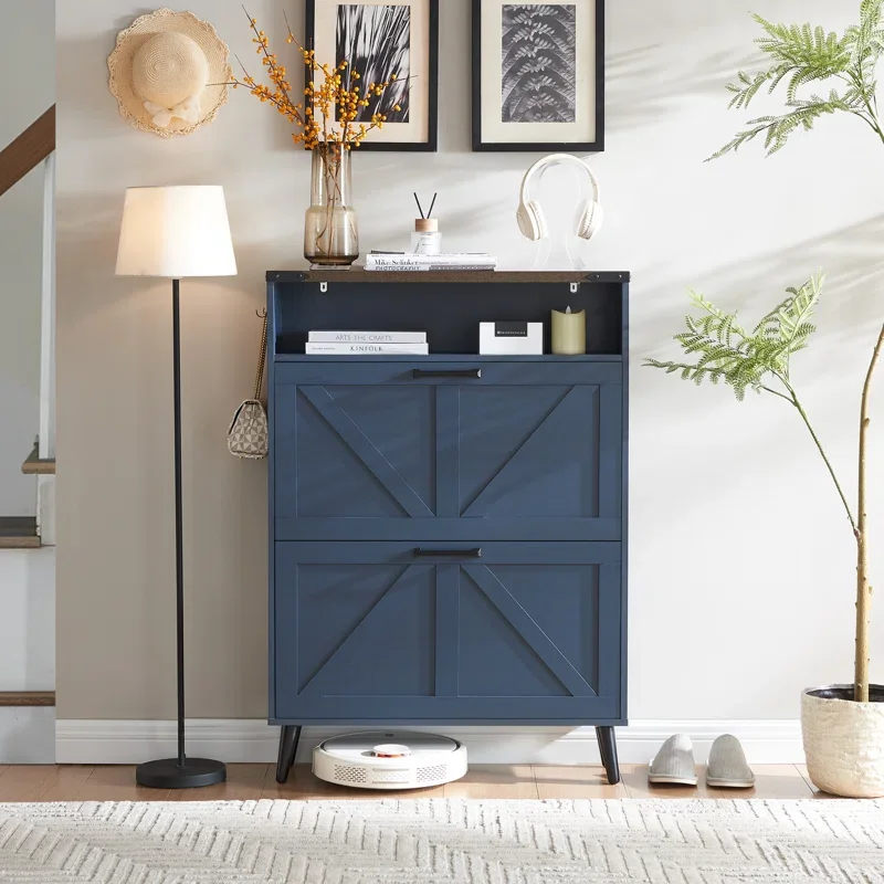 Shoe Cabinet Storage for Entryway,2 Flip Drawers,2 Tier Blue Shoe Cabinet Freestanding Wood Shoe Rack for Entryway