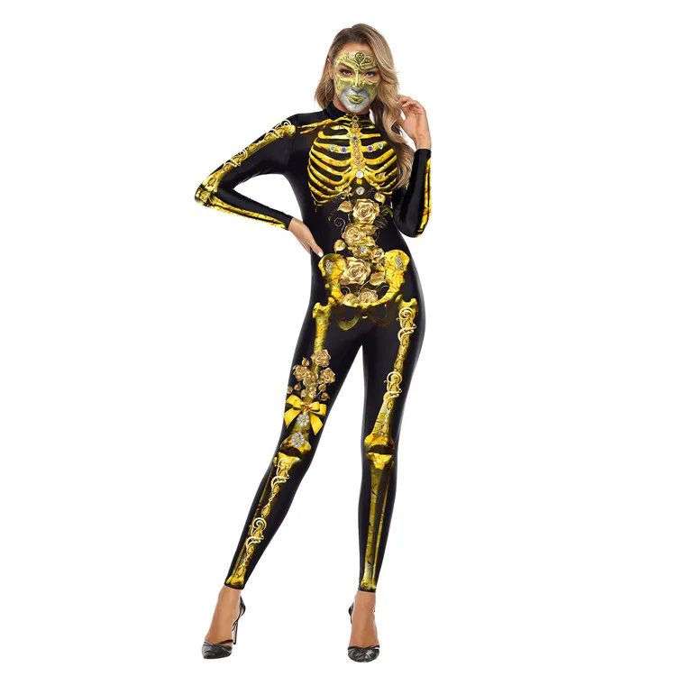 2021 New Gothic Gold Skull Jumpsuit Halloween Cosplay Party Clothes Gold Rose Skeleton Printed Bodysuit Sexy Girl Woman Clothes