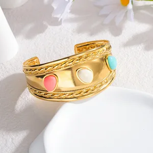 Vintage Non Tarnish 18K Gold Plated Stainless Steel Colored Gemstones Cuff Bracelets Open Adjustable Bangles for Women
