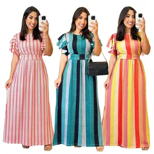 Y10479 Trendy Ladies Office Dresses Women Casual Slim Tie A-Line Ruffle Short Sleeve Stripe Printed Long Maxi Dresses for Women