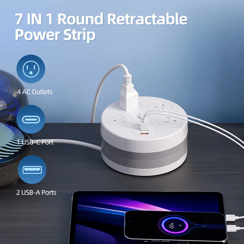 ROUND POWER SOCKET RETRACTABLE EXTENSION CORD 4AC 3USB US TYPE POWER STRIP