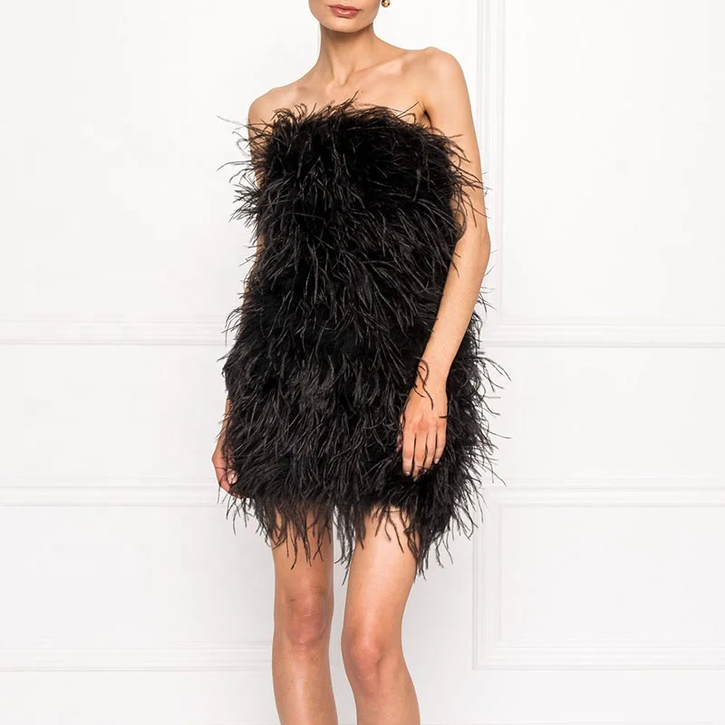 Meilun Abito Senza Spalline In Piuma Per Donna: Mini Vestito Fasciatura In Rayon Elastico Per Cocktail E Feste