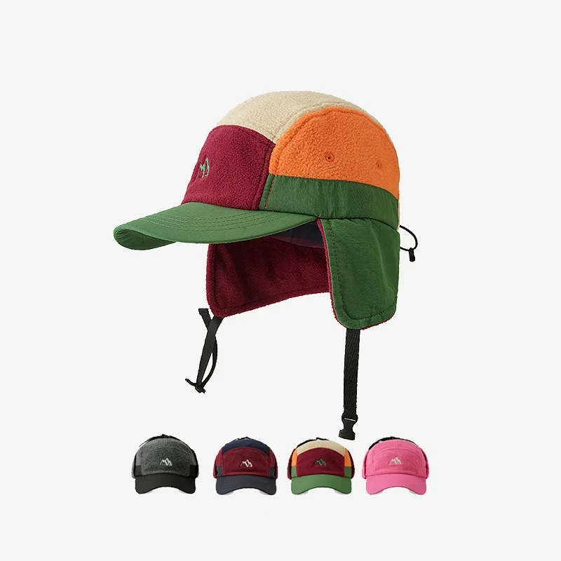 Japanese Color-block Fleece Baseball Cap With Ear Flaps Winter