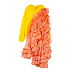 Hot-selling street fashion clothing Pure yellow fleece mid-length jumper with connecting skirt