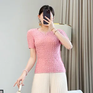 2022 Summer New Arrival Women's Pleated V-Neck T-Shirt Handmade Slim-Fit All-Match Base Casual Short Large Size Fashionable
