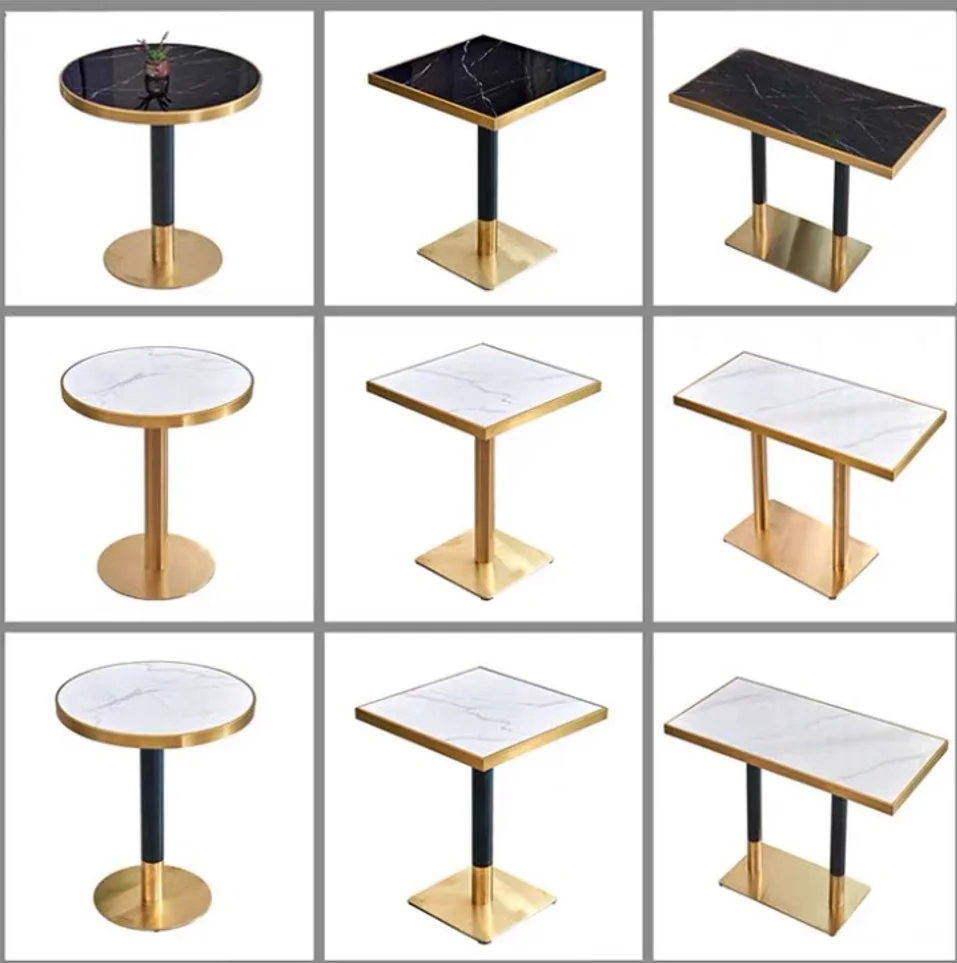 New Product Restaurant Furniture Cafe Tables and Chairs Furniture Set Marble Stainless Steel  Black and Gold Restaurant Table