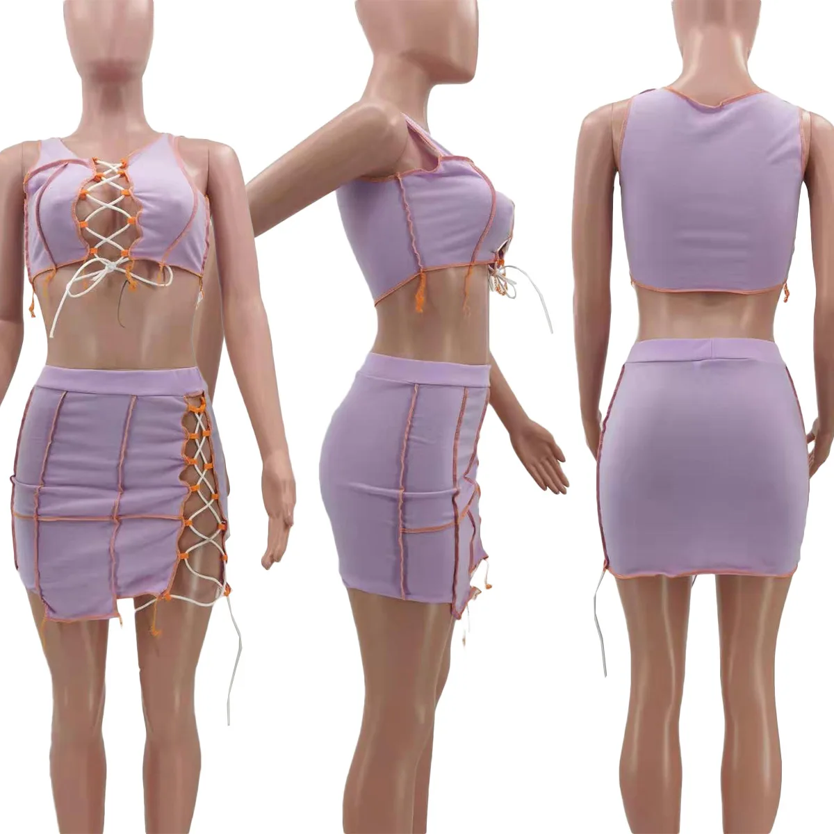 Новинка лета 2021, модная сексуальная женская одежда с вырезами, блузка и юбка, комплект из 2 предметов