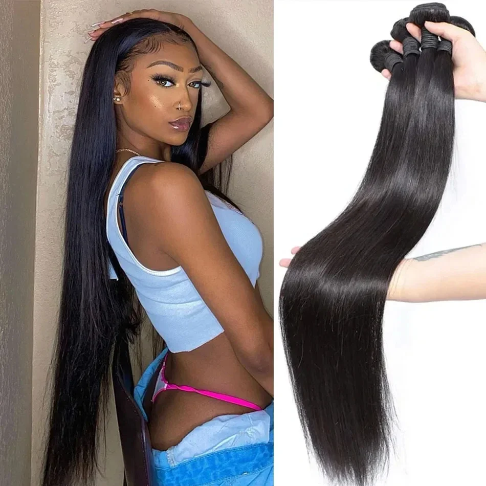 Extensions de cheveux humains brésiliens Remy lisses de 30, 32 et 40 pouces pour femmes_voghion.com