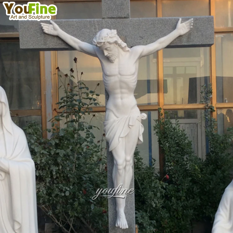 手彫り等身大白大理石イエス・キリスト磔刑像宗教石像十字架彫刻教会