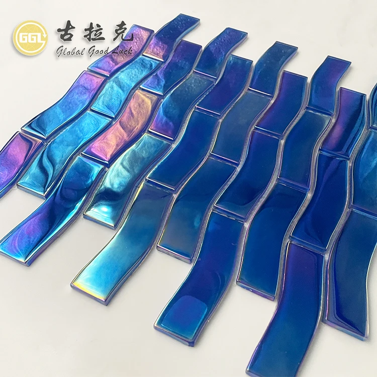 Mosaic Tile Outdoor Cheap Blue Color Iridescent Crystal Glass Mosaic Tiles For Outdoor Swimming Pool 300*300 Glass Tiles manufacture