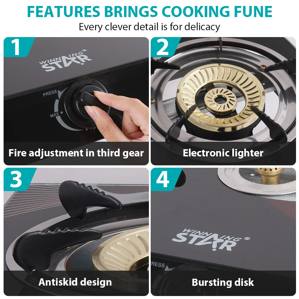 WINNING STAR Professional Automatic Piezo Ignition Cooker ST-9655 Stainless Steel 2 Burner Gas Stove Gas Cooker
