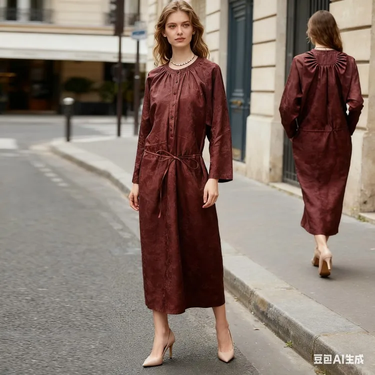 Burgundy Ramie Loose Waist-Tie Pullover Dress - Retro Elegant Mid-Length Office & Casual Dress