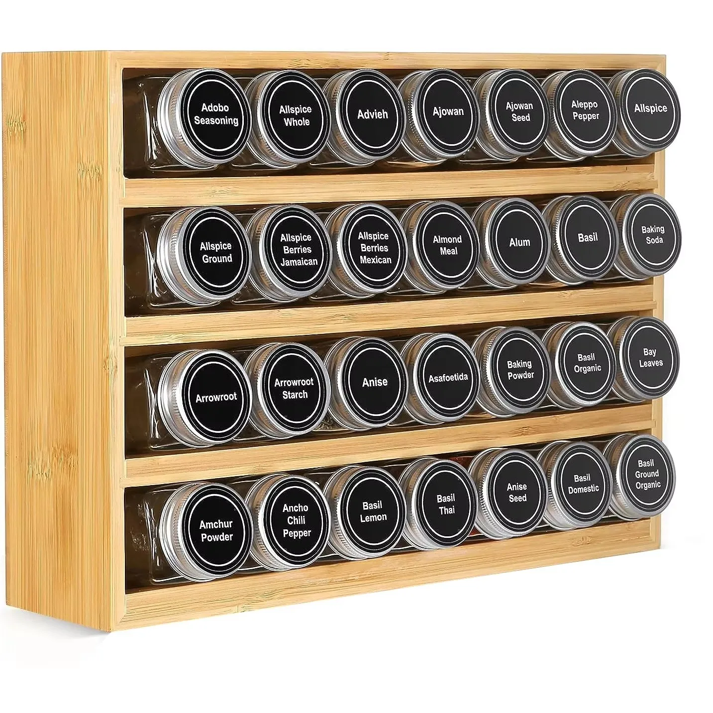 Bamboo Spice Rack Box Organizer Hanging Shelf With 28 Spice Jars for Drawer Cabinet Kitchen Countertop Wall Mount Spice Holder