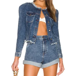 New Arrival Safari Jacket Slim Design Raw Neck Regular Sleeve Frayed Eco-Friendly Cotton Bleach Stone Wash