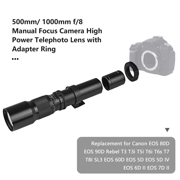 500mm/ 1000mm f/8 Manual Focus Camera Photography Telephoto Lens for Canon EOS 80D EOS