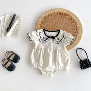Casual Floral Embroidered Turn-Down Collar Short Sleeve Sweet Bow Button Baby Girl Rompers