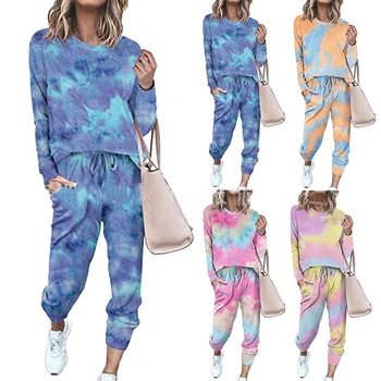 2021 autumn and winter new printed tie-dye casual European and American women's fashion suit home service