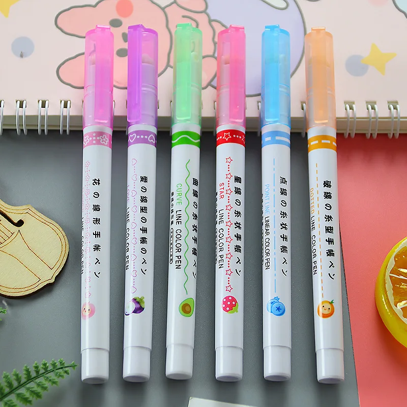 6 Color Curved Nib Pen Drawing Roller Marker Oblique School Use Set Permanent Stamp Roller Pen Marker Curve Line Painting Pen