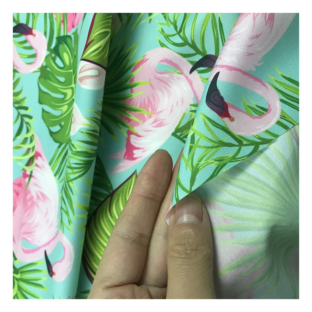 Фабричный магазин, тропический фламинго, дизайн, цифровая печать, 100% полиэстер, персиковая кожа, печатная ткань для пляжных шорт, одежда