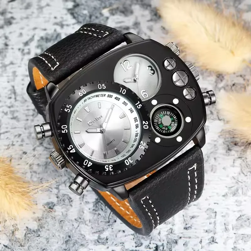 OULM 9865 Men Casual Fashion Multiple Time Zone Wrist Watches Luminous Analog Display COMPASS Leather Band Watch