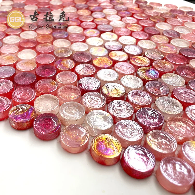 New Round Iridescent Glossy Crystal Glass Tile Pink Color Glass Mosaic Tile Building Material for Wall Pool Decor supplier