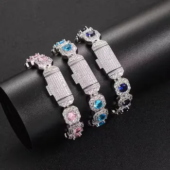 Colorful zircon bracelet, sugar chain, men's and women's jewelry, hip-hop style, pink, diamond, sapphire