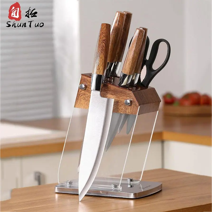 High Quality Transparent Color 3cr13 Kitchen High Carbon Stainless Steel Meat Kebab Messer Chef Cutter Knife Set with Holder