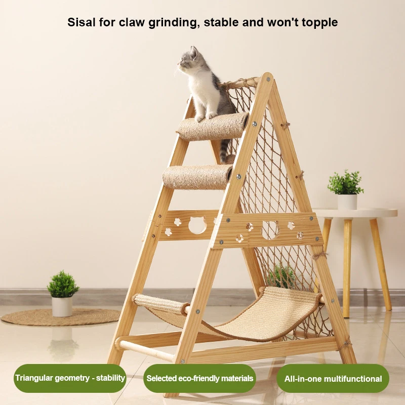 Wooden Cat Tree Tower Foldable Ladder Design with Cat Hammock Sisal Scratch Post Toys Solid Wood Cat Climbing Frame