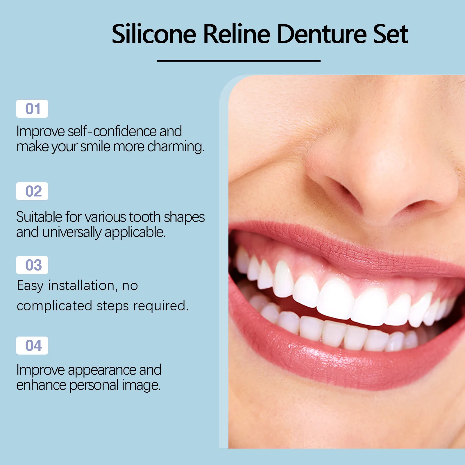 Hot Selling for Various Teeth to Enhance Smile Aesthetics Comfortable Installation Convenient Silicone Reline Denture Set