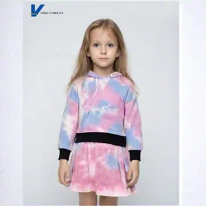 Girls' Spring-Autumn Hooded Sweatshirt with Tie-Dye Pink-Blue-White Gradient Ombre Black Ribbed Cuff and Hem Trim