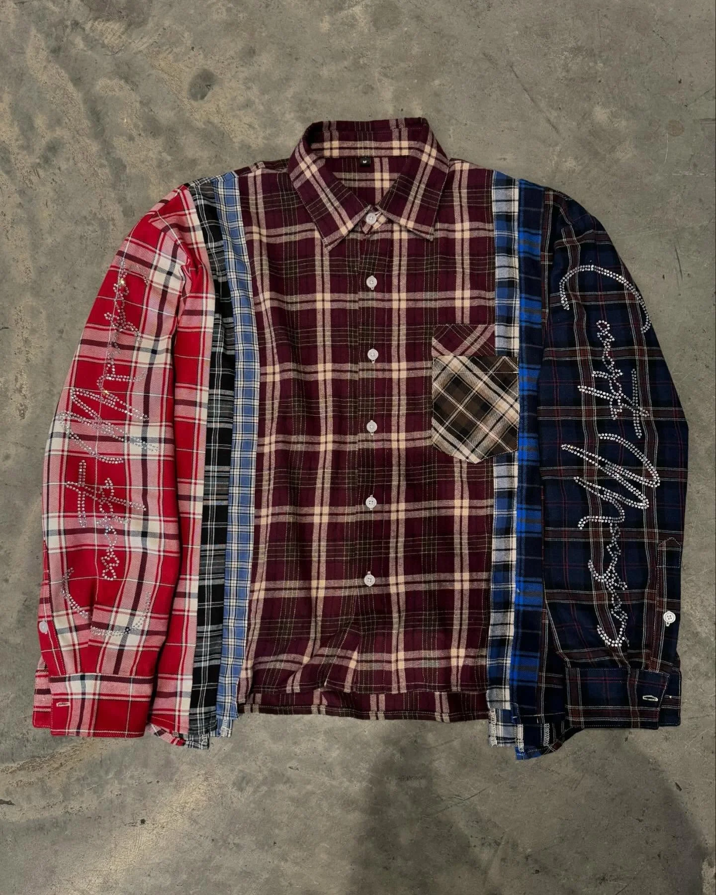 Salati Streetwear Vintage Men's T-shirt Color Block Longsleeve Rhinestone Button up Boxy Fit Plaid Flannel T Shirts With Diamond gallery 7